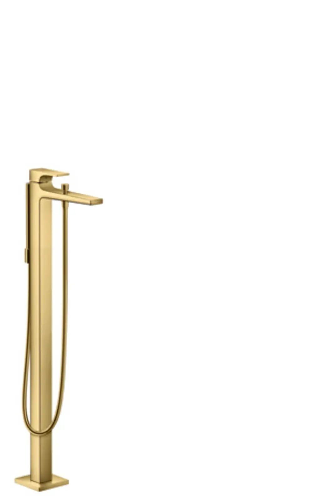 Bodenstehender Wannenmischer von Hansgrohe in polierter Goldoptik mit einem Hebelgriff für die Wassersteuerung. Minimalistisches Design in rechteckiger Form.